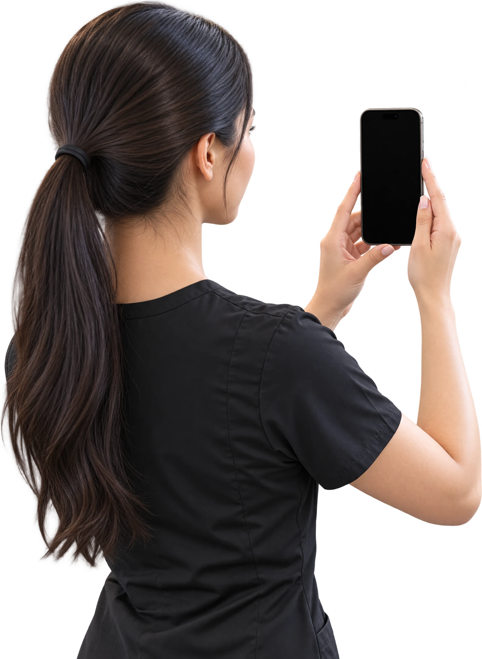 An injector seen over the shoulder, holding up an iPhone running Reveal Shot