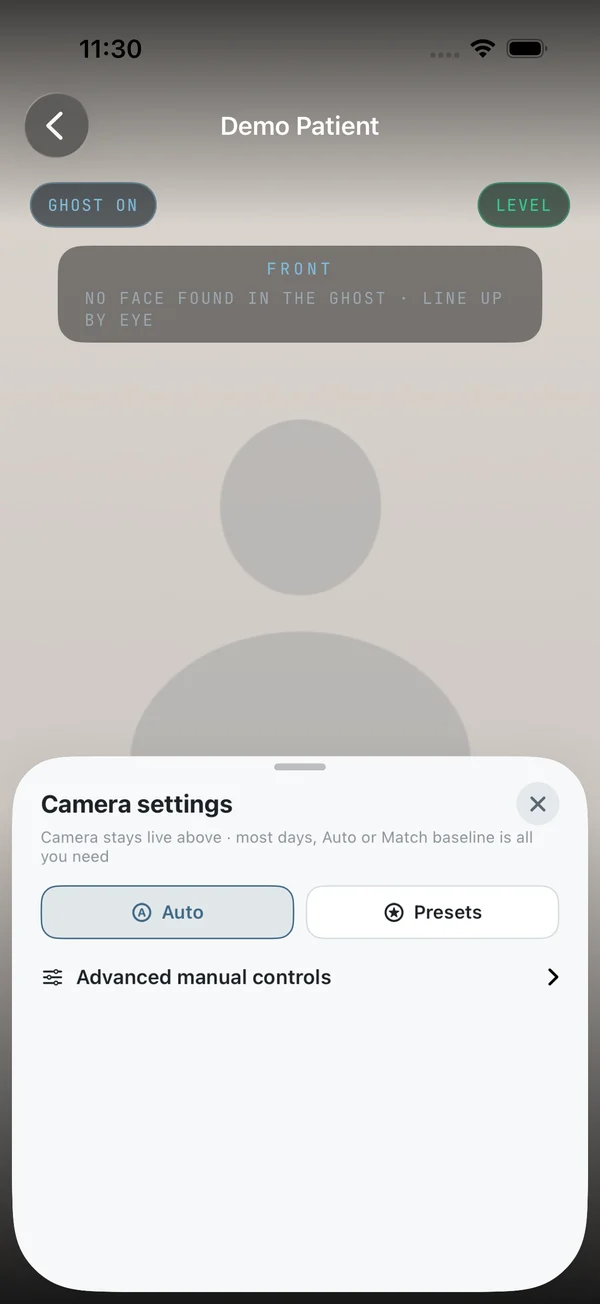 Camera settings sheet with Auto, Presets and Advanced manual controls